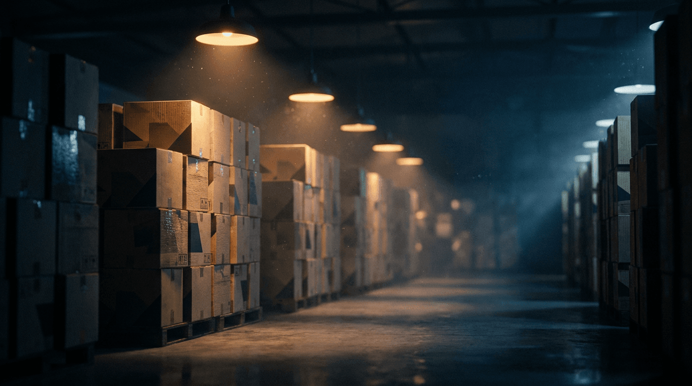 Stacked electronic components on a warehouse shelf